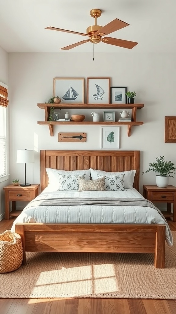 A rustic teen bedroom featuring wooden furniture, decorative shelves, and a cozy atmosphere.