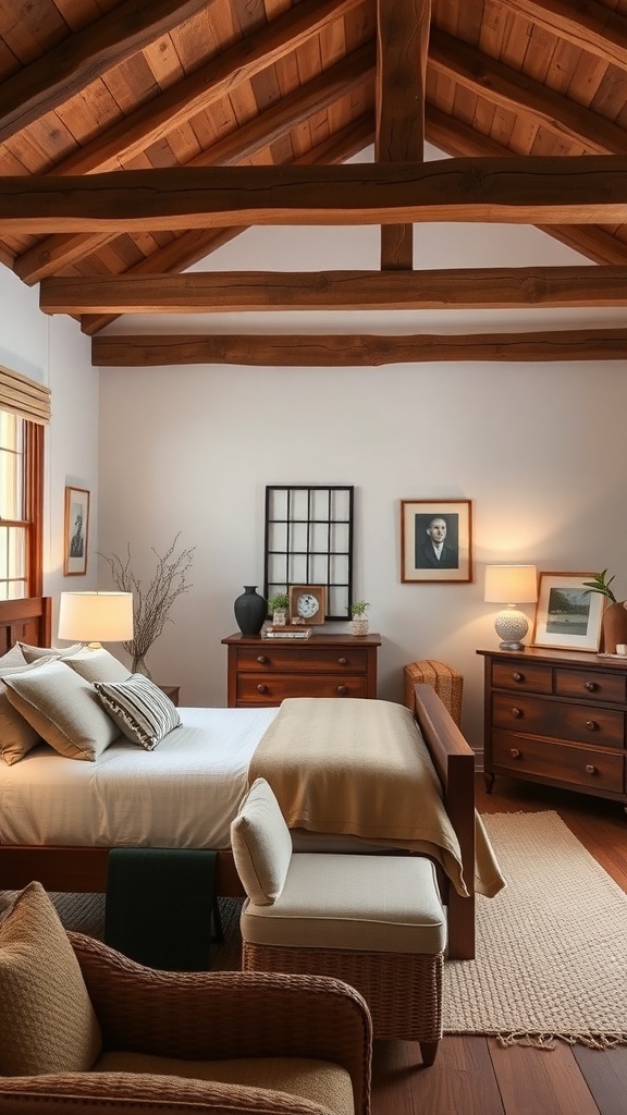 A cozy bedroom featuring rustic wood accents, including exposed beams, wooden furniture, and warm textiles.