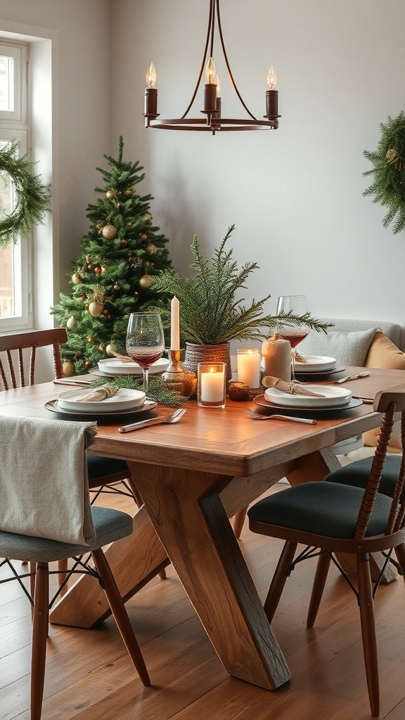 A rustic dining table decorated for Christmas with wood and pine accents.