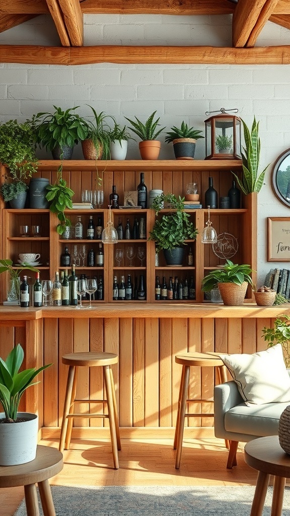 A rustic wood bar with plants and shelves filled with bottles and glassware.