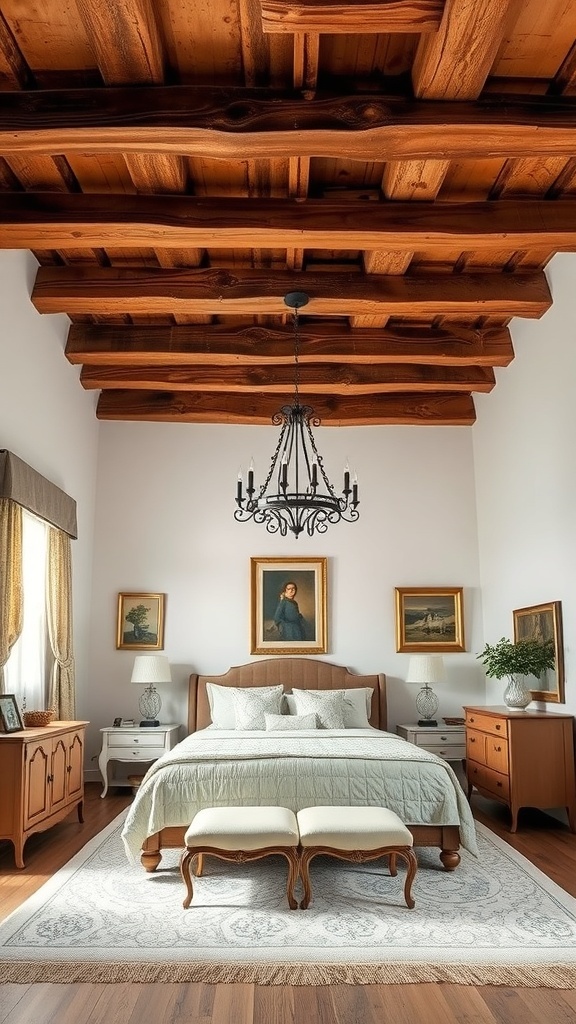 A romantic French bedroom featuring rustic wood beams, elegant furnishings, and soft linens.