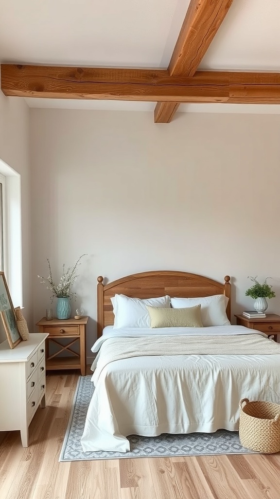 A cozy shabby chic bedroom featuring rustic wood details, including exposed beams and wooden furniture.