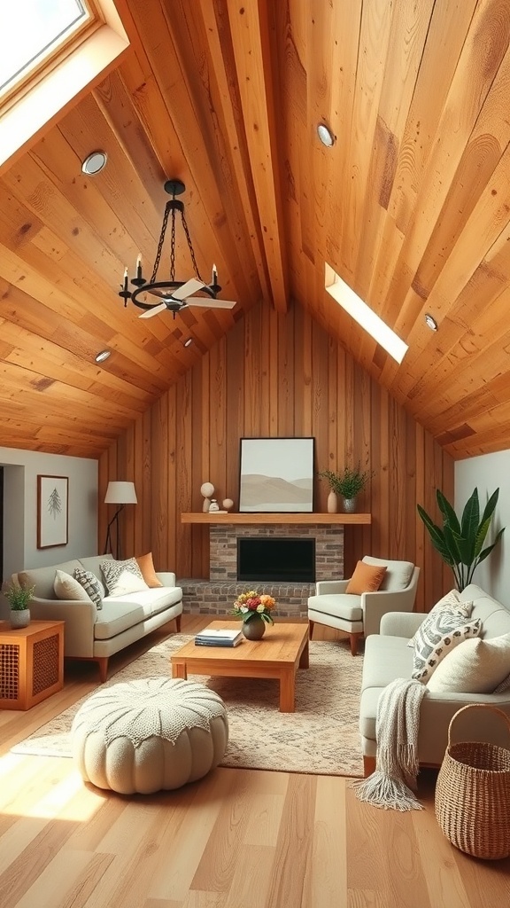 Cozy living room with rustic wood finishes and slanted ceiling.