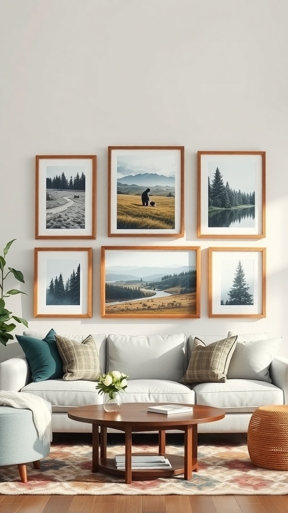 Gallery wall with rustic wood frames displaying nature photographs above a cozy couch.