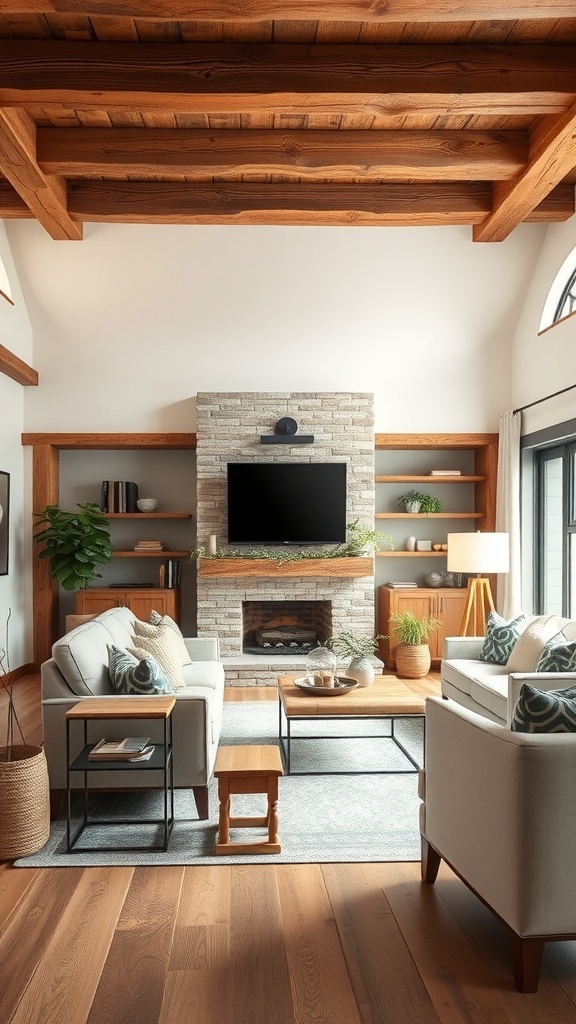 A cozy living room featuring rustic wood moulding with wooden beams, soft sofas, and natural decor.