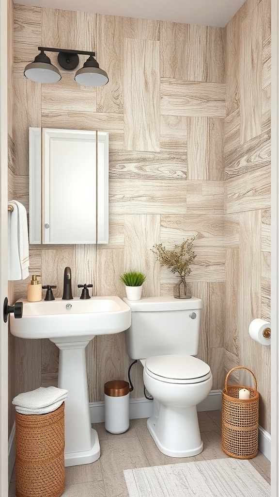 Small bathroom with rustic wood paneling effect on the walls, white fixtures, and decorative elements.