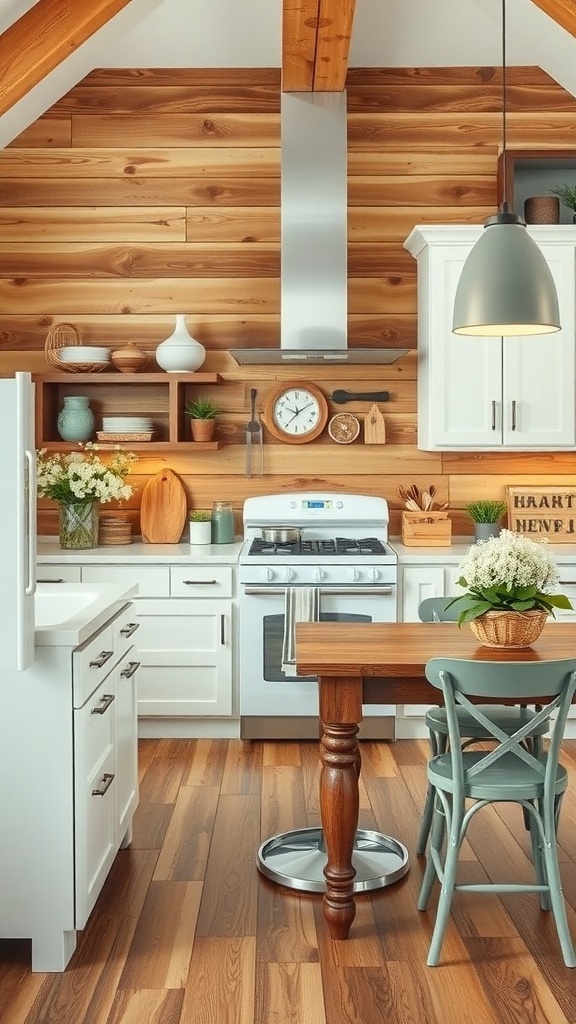 A kitchen featuring rustic wood paneling, white cabinets, and a wooden dining table with blue chairs.