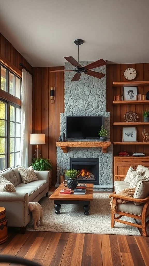 A cozy living room featuring rustic wood paneling, a stone fireplace, and comfortable furniture.