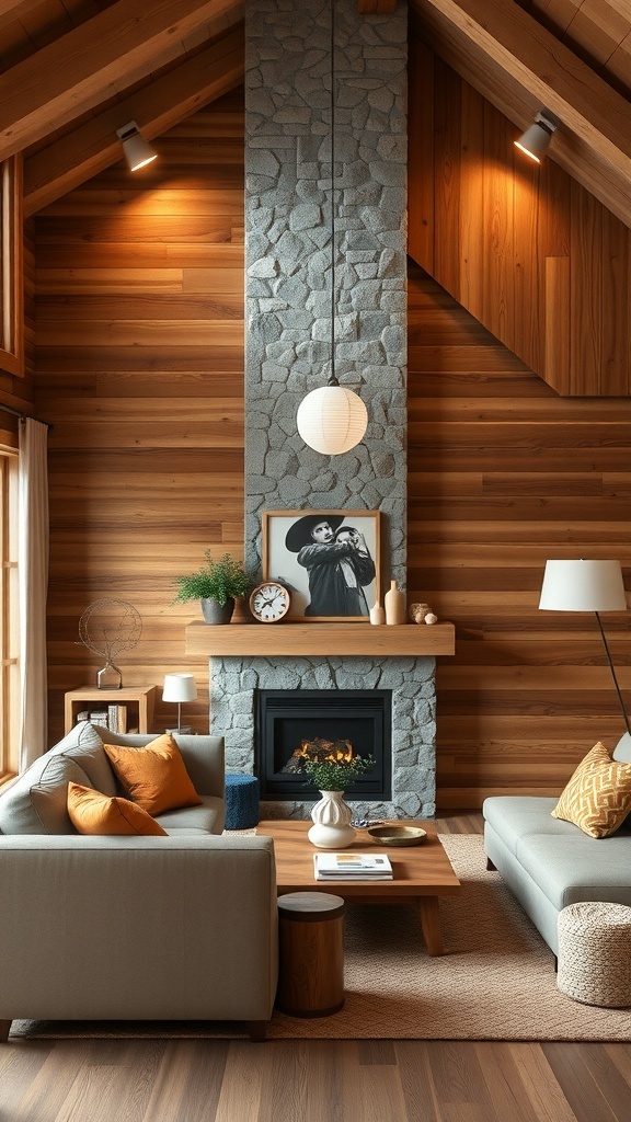 Cozy living room with rustic wood paneling and a stone fireplace