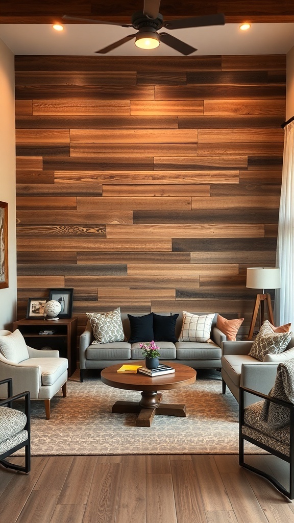 Living room with rustic wood paneling on the wall, featuring comfortable seating and a round coffee table.
