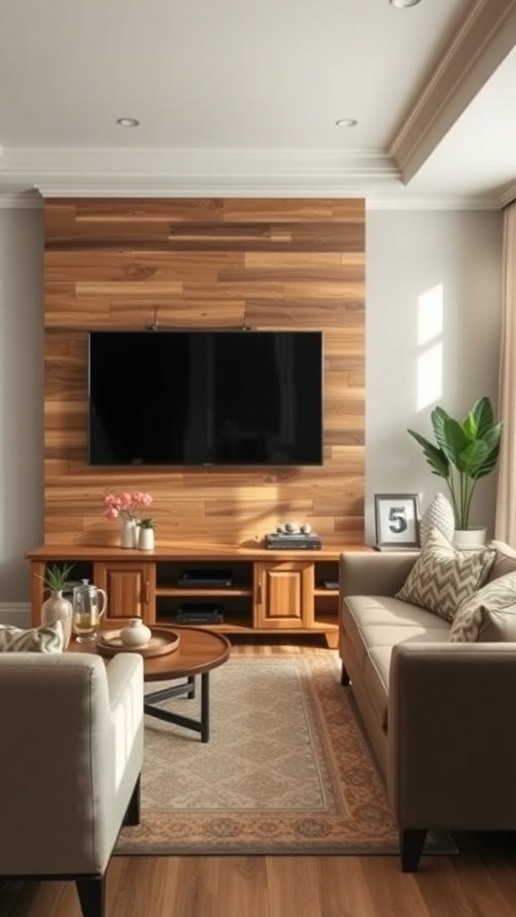 A cozy living room featuring rustic wood paneling behind a mounted TV, with light-colored sofas and a round coffee table.
