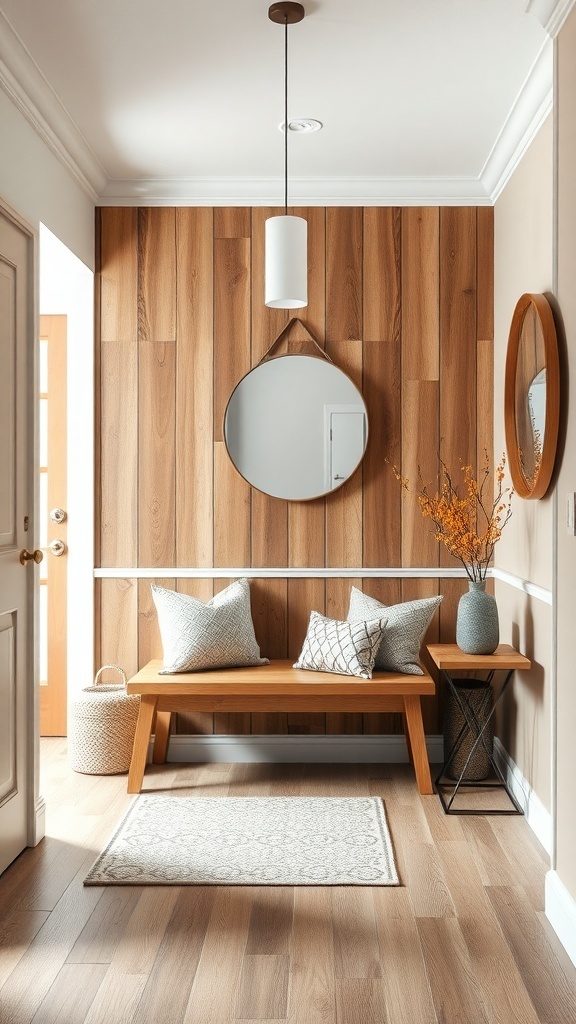 Entryway featuring rustic wood panels, a bench with cushions, a round mirror, and decorative elements.