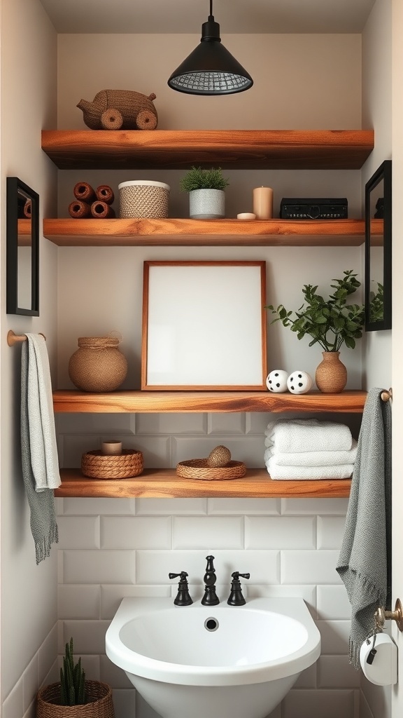 Rustic wood shelves in a small bathroom with decorative items and towels.