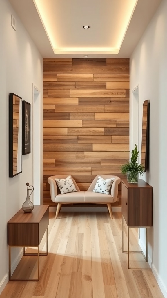 A hallway featuring a rustic wood slat accent wall, modern furniture, and warm lighting.