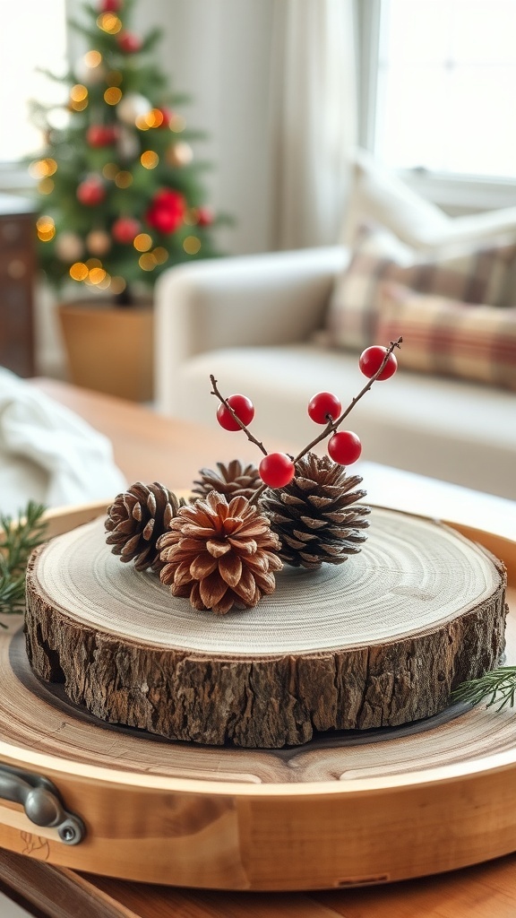 Rustic wood slice centerpiece with pinecones and red berries