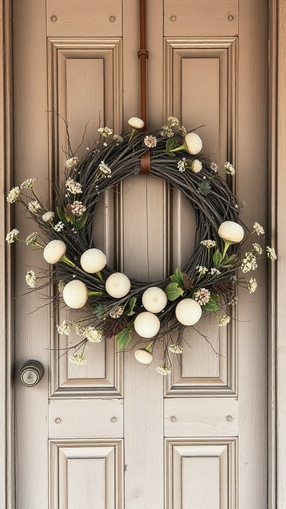 A rustic winter wreath made from twigs, decorated with white spheres and small flowers, hanging on a wooden door.