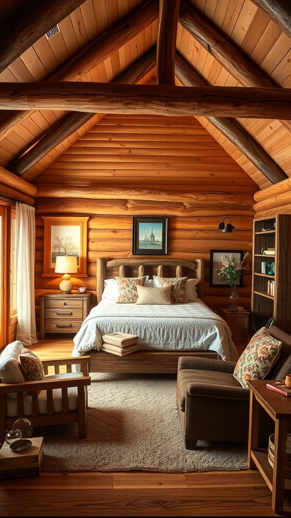 A cozy cabin bedroom featuring rustic wooden accents, a log bed, and warm lighting.
