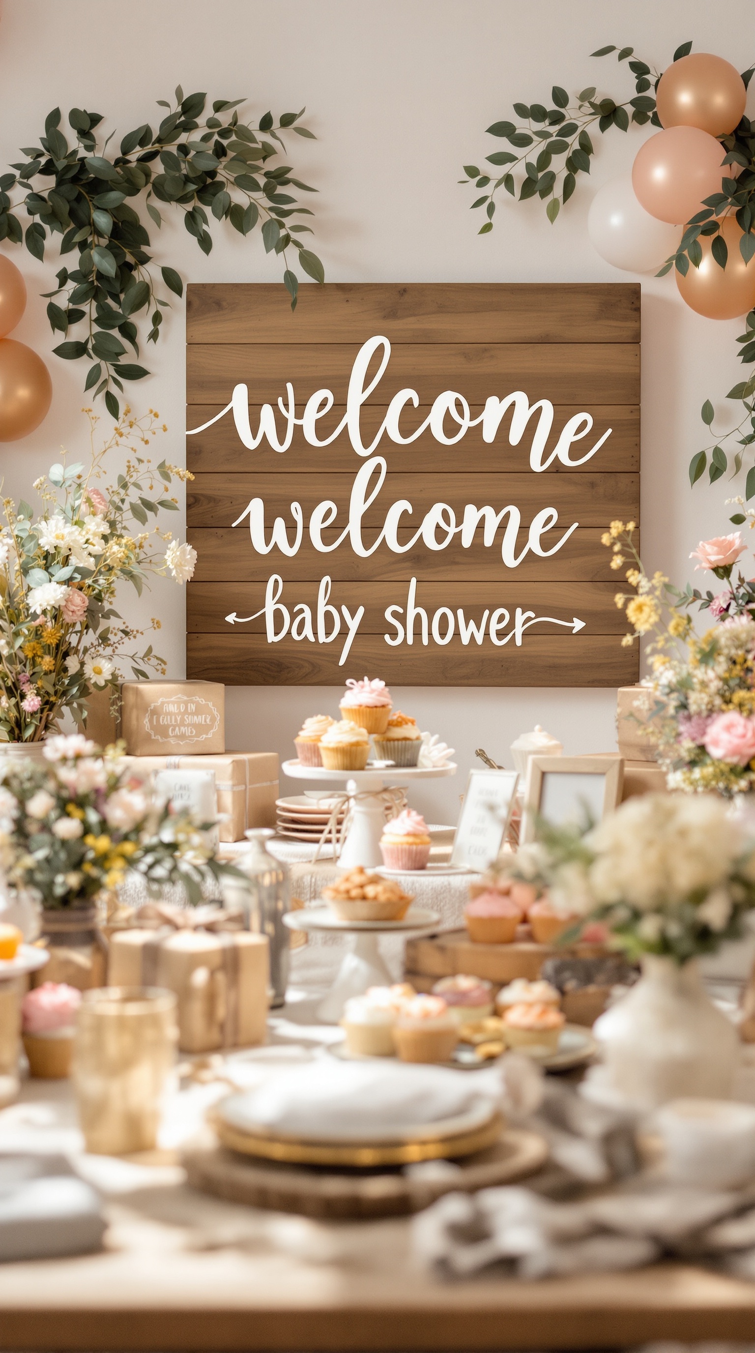 Rustic wooden welcome sign for a baby shower surrounded by decorations and treats
