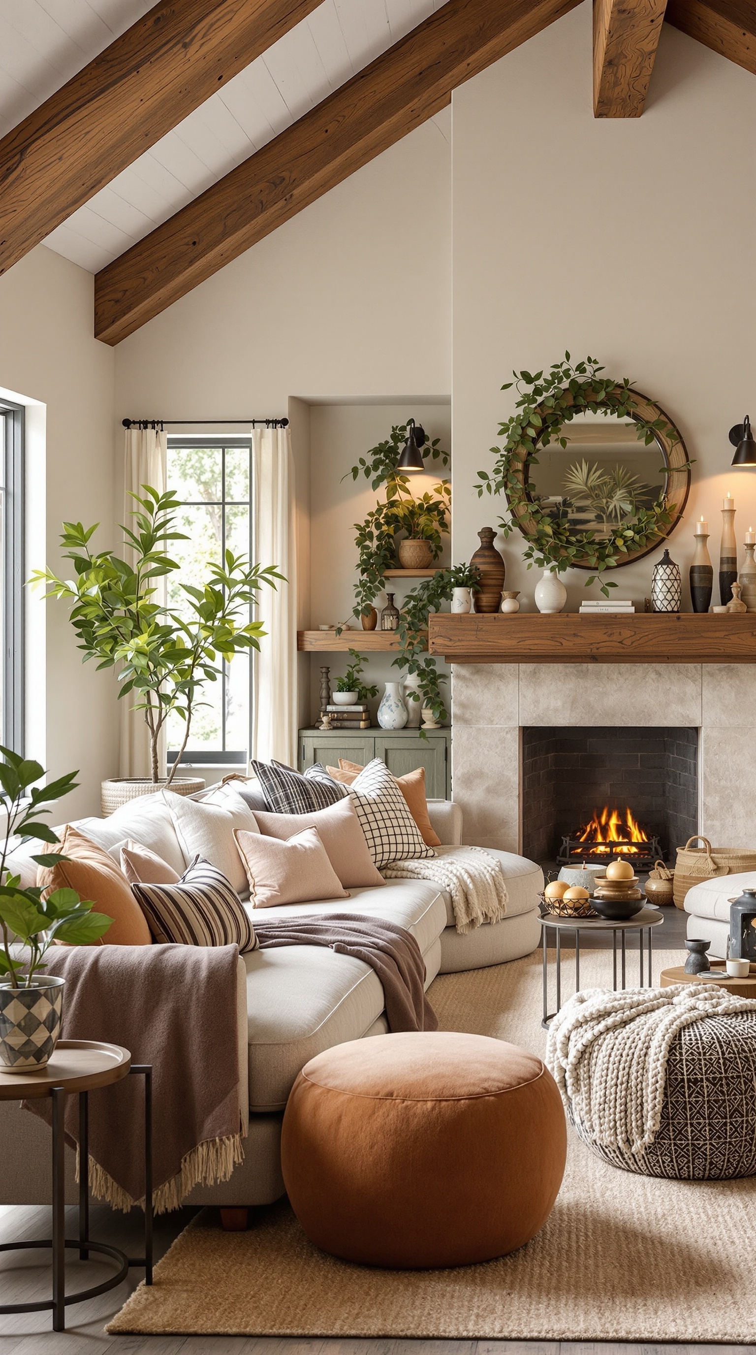 A cozy family room featuring rustic wooden beams, soft fabrics, and a warm fireplace.