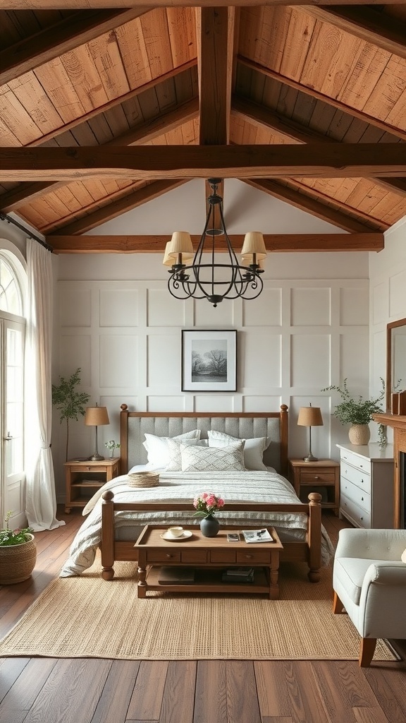 A cozy cottage bedroom featuring rustic wooden beams, a comfortable bed, and warm decor.