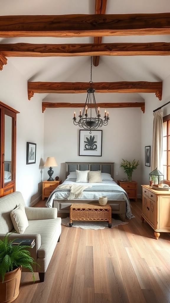 A cozy bedroom featuring rustic wooden beams on the ceiling, a comfortable bed, and warm wooden furniture.