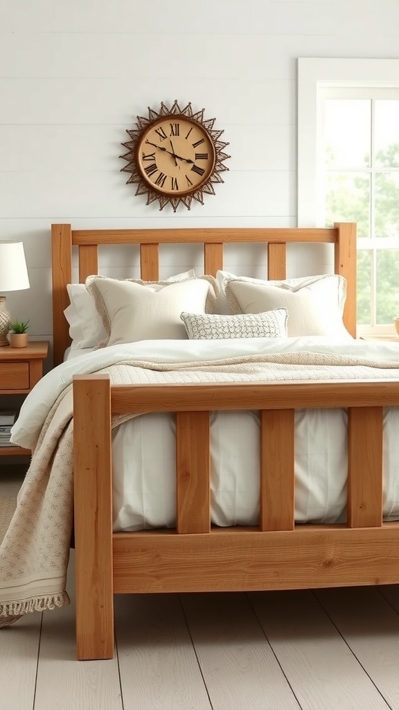A rustic wooden bed frame with a slatted headboard, soft white bedding, and a wall clock above it.