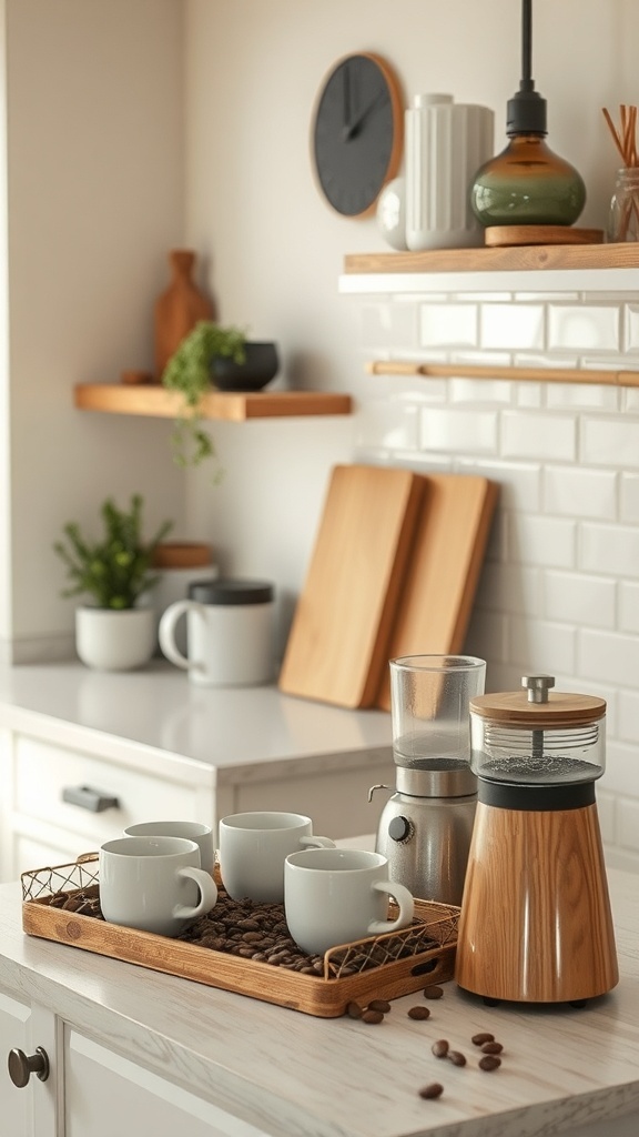 A rustic wooden coffee station with cups, coffee maker, and coffee beans on a kitchen counter.