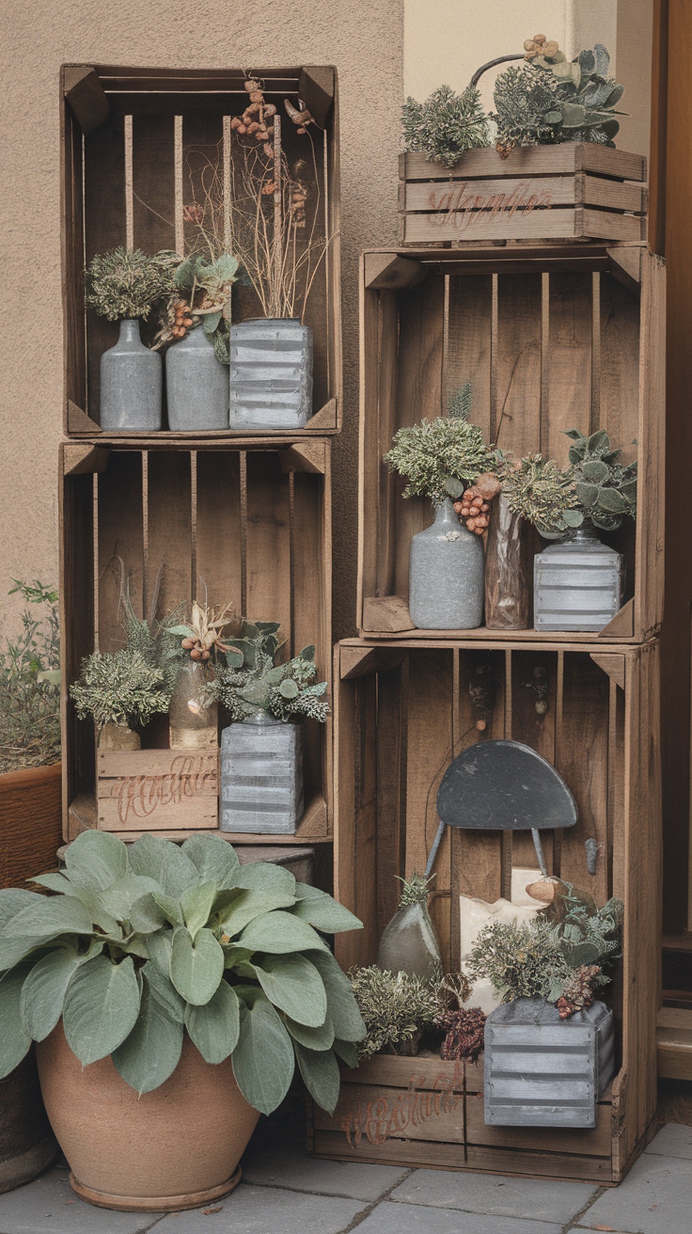 A display of rustic wooden crates filled with greenery and decorative items for Christmas decor.