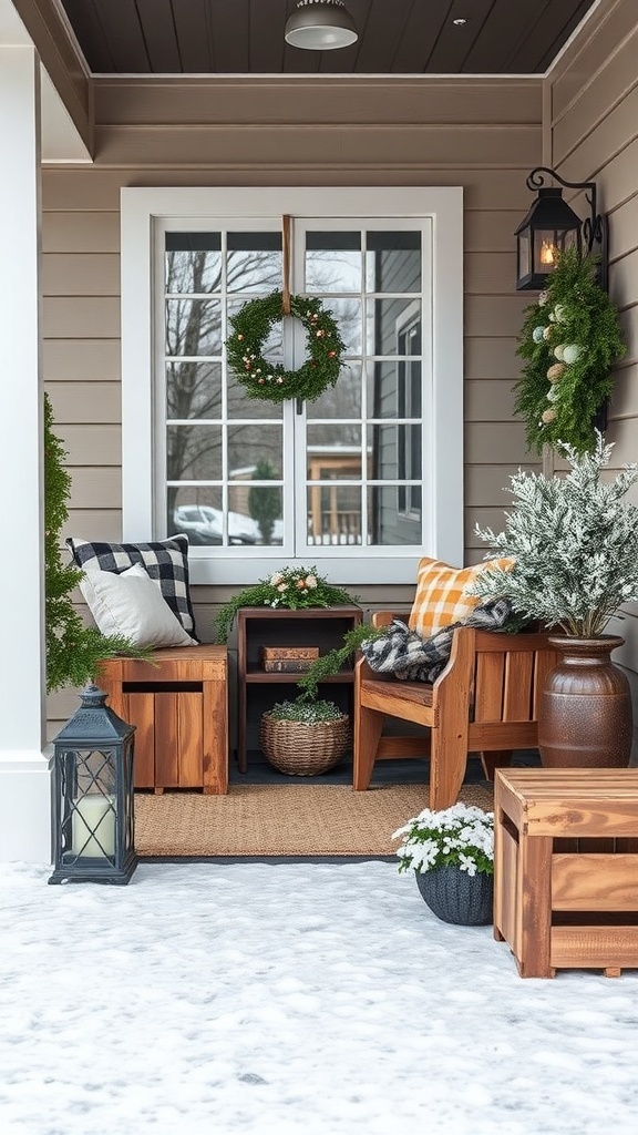 A cozy winter porch featuring rustic wooden crates for storage, comfortable seating, and festive decorations.