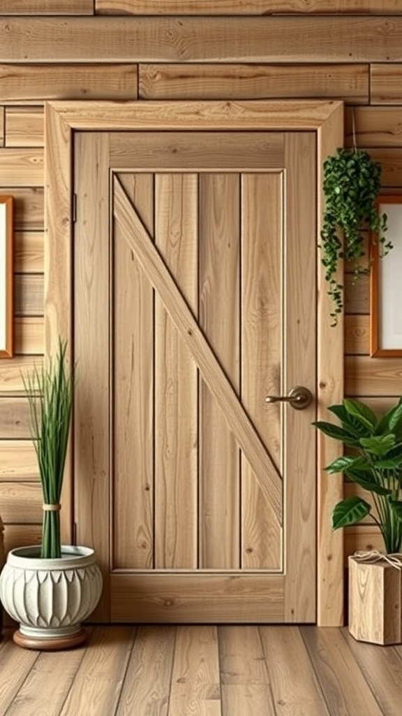 A rustic wooden door with a natural finish, surrounded by wooden walls and potted plants.