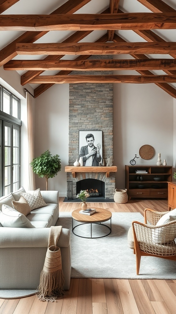 A cozy Scandinavian living room featuring rustic wooden beams, a stone fireplace, and wooden furniture.