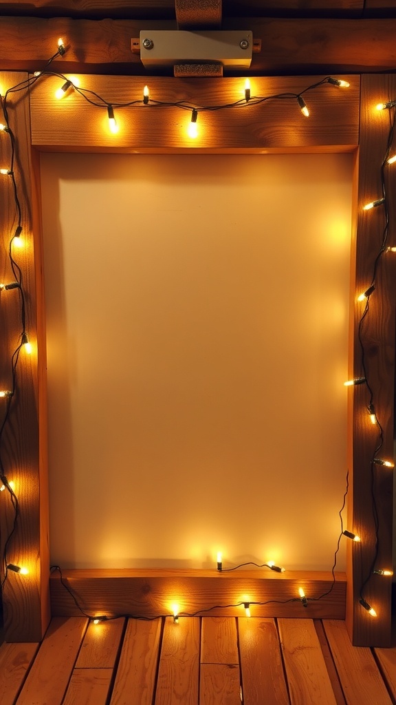 Rustic wooden photo backdrop with fairy lights