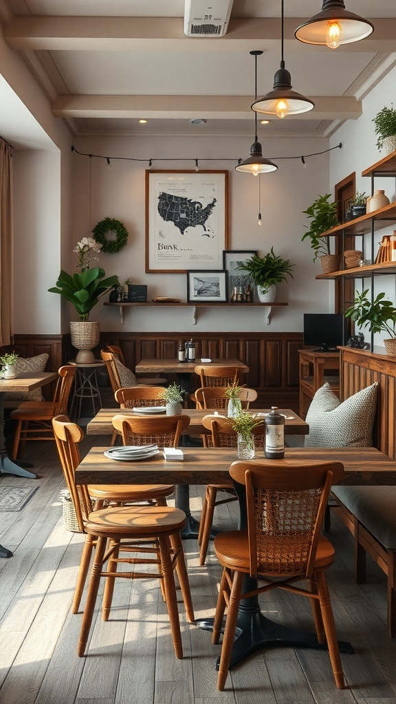 A cozy cafe featuring rustic wooden furniture, warm lighting, and plants.