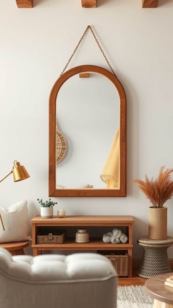 A rustic wooden mirror with a rounded top, hanging on a light wall, surrounded by cozy decor.