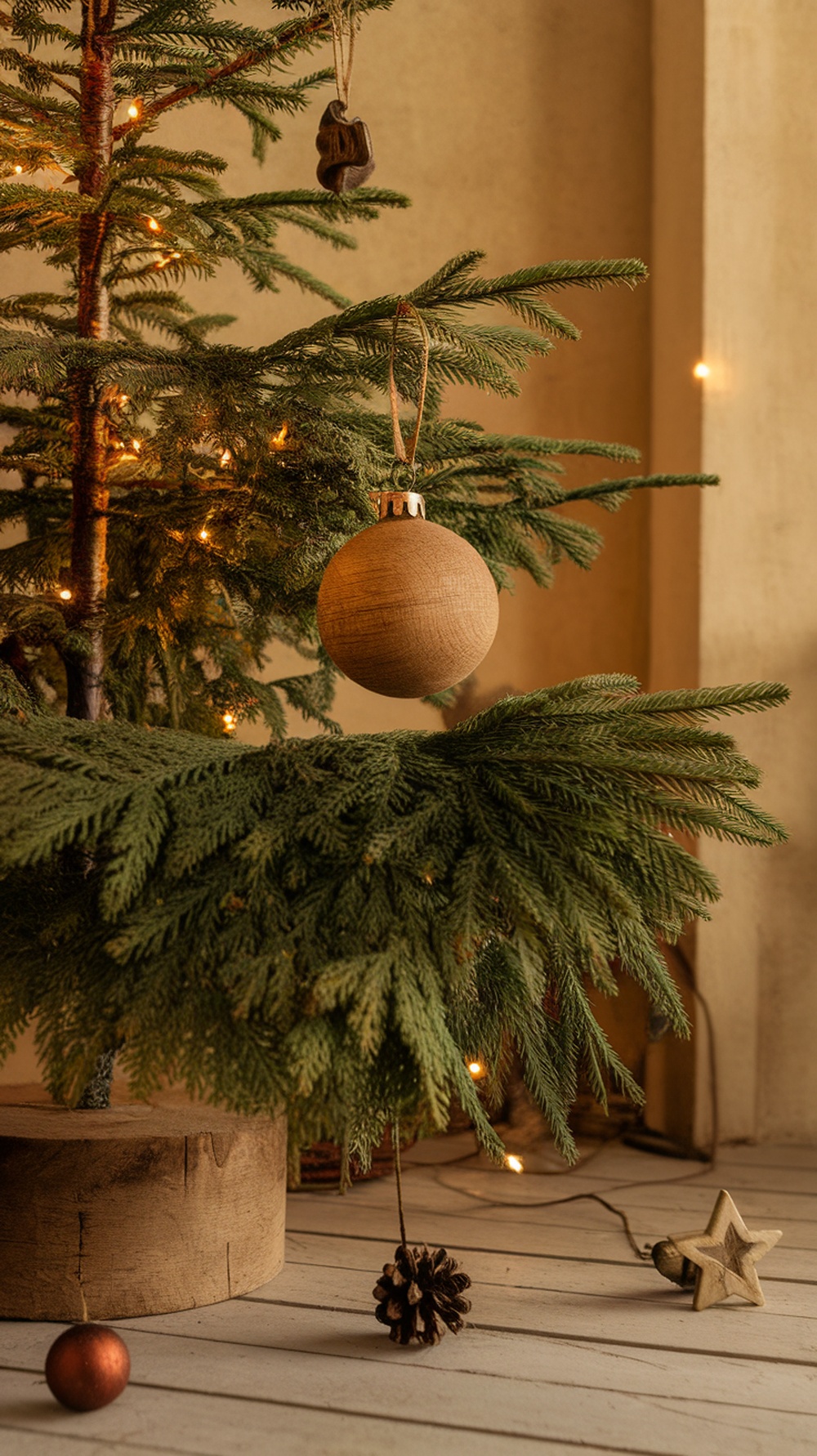A rustic Christmas tree decorated with wooden ornaments, pinecones, and warm lights.