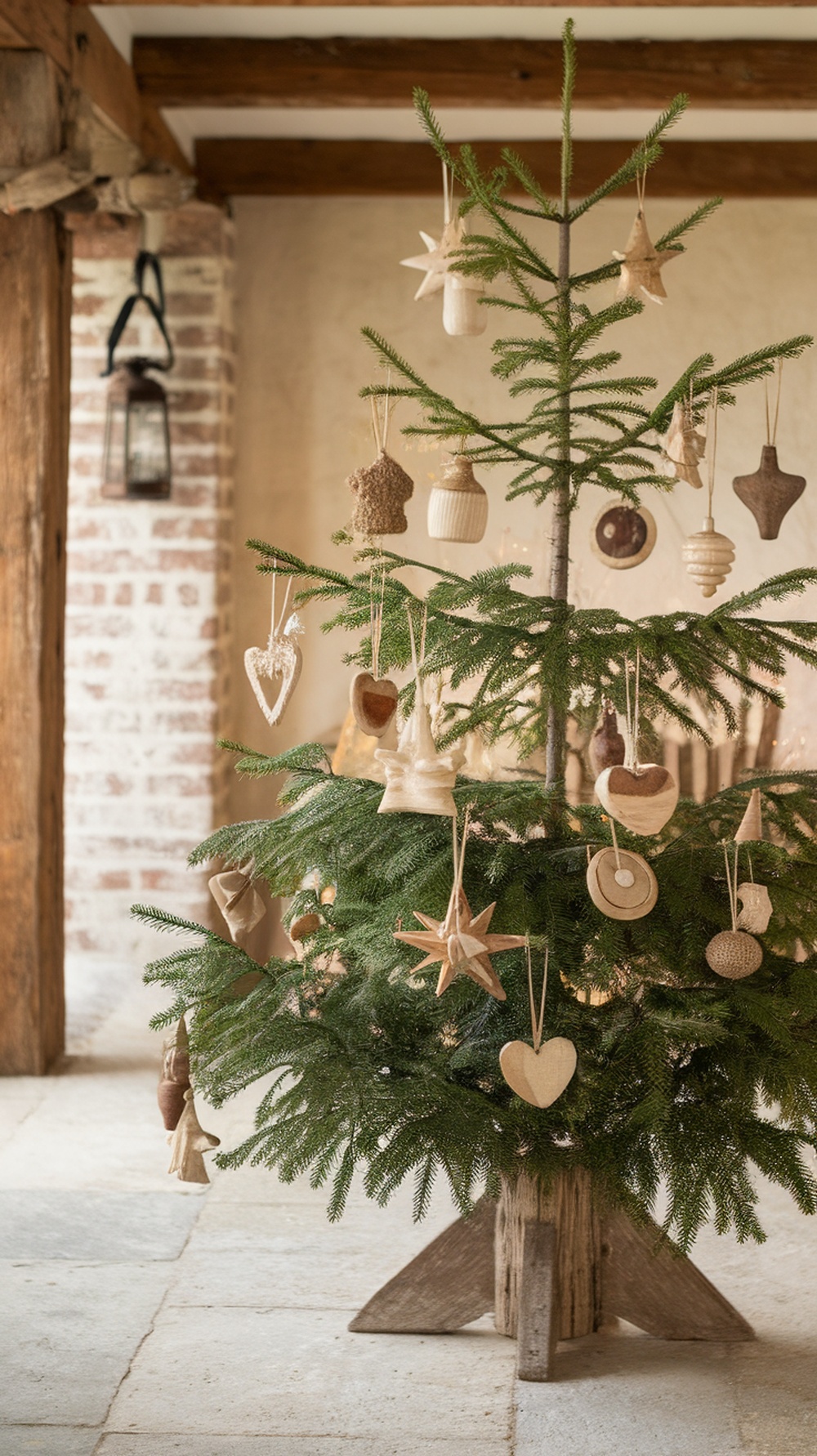 A Christmas tree decorated with rustic wooden ornaments in a cozy setting.