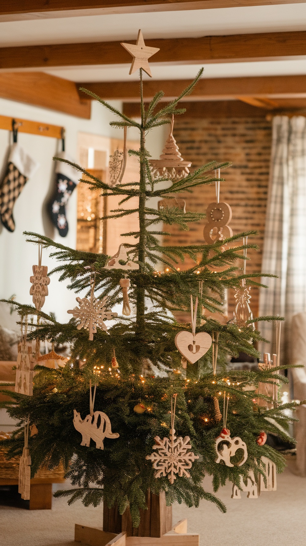 A Christmas tree decorated with rustic wooden ornaments, including stars, snowflakes, and hearts, set in a cozy farmhouse living room.