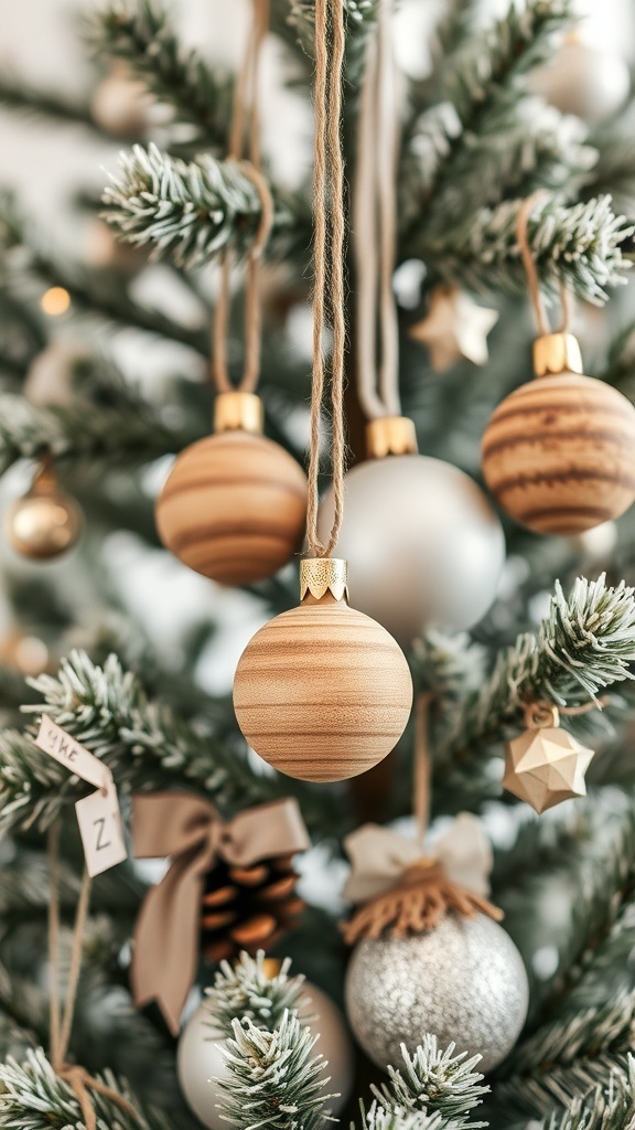 A close-up of rustic wooden ornaments hanging on a Christmas tree, showcasing their natural textures and warm tones.