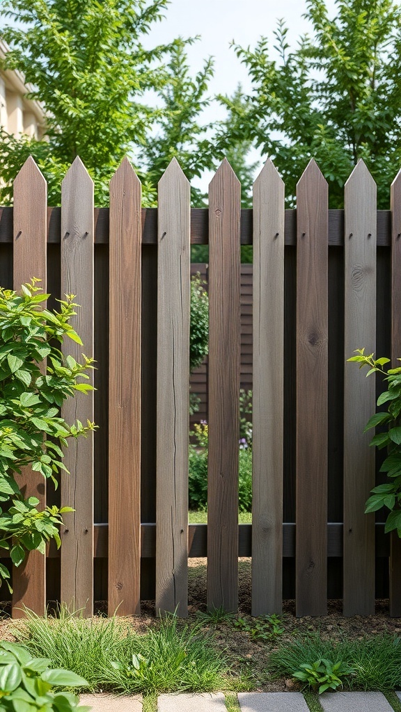 Rustic wooden palisade fence with pointed tops and varying wood shades, surrounded by greenery.