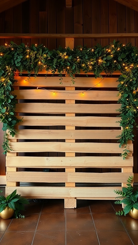 Rustic wooden pallet display with green foliage and fairy lights