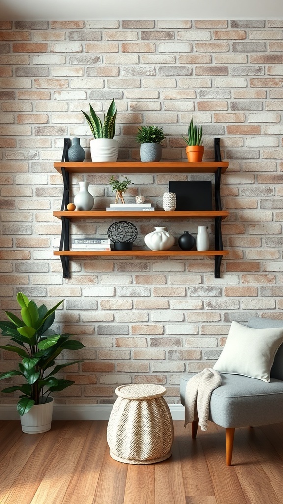 Rustic wooden shelves decorated with plants and decorative items against a brick wall