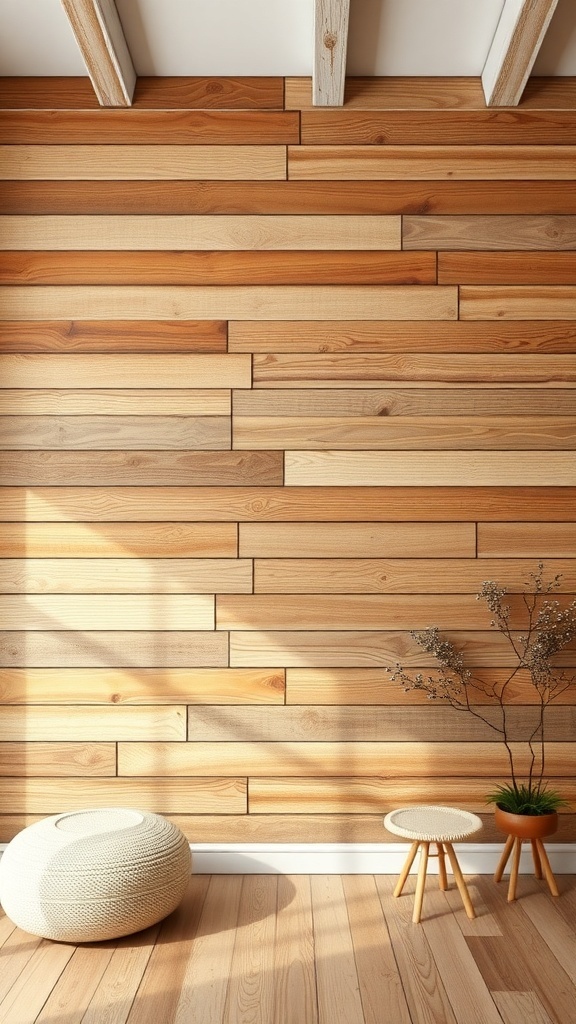 A wall made of rustic wooden planks in a well-lit interior setting