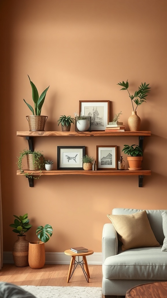 Rustic wooden shelves with plants and framed pictures on a warm wall