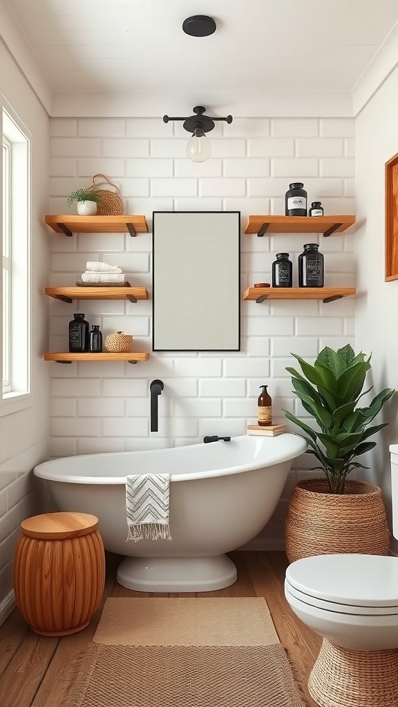 A bathroom featuring rustic wooden shelves, a white bathtub, and a plant, creating a warm and cozy atmosphere.