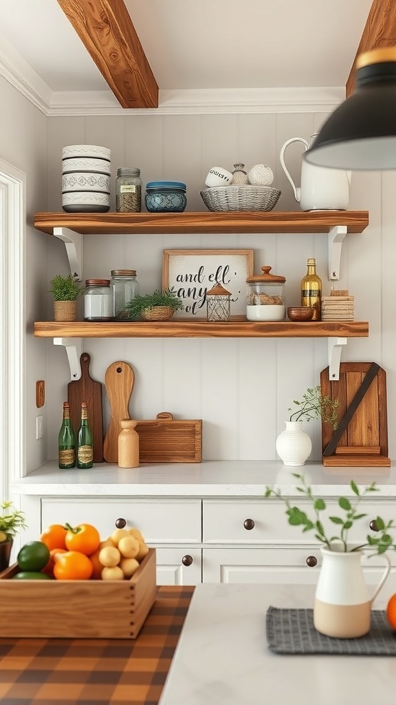 Rustic wooden shelves in a farmhouse kitchen displaying jars, a teapot, and fresh fruits.