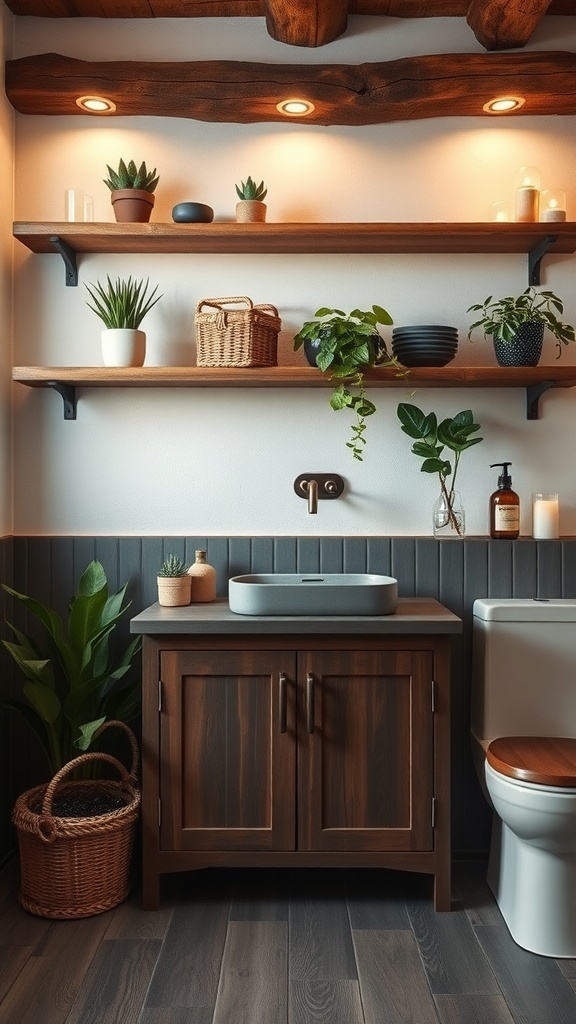 Rustic wooden shelves in a bathroom with plants and decorative items
