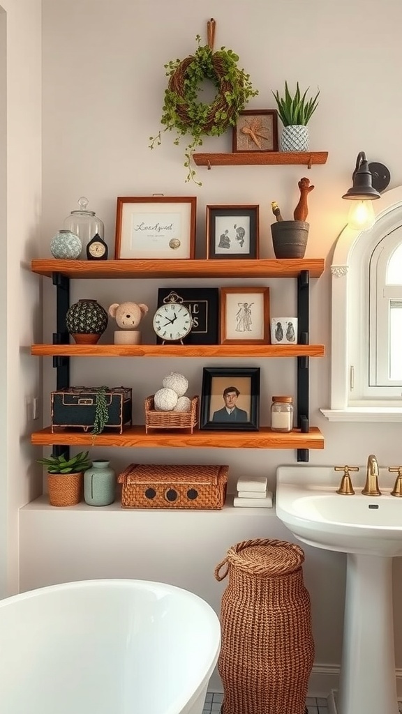 Rustic wooden shelves filled with decorative items and plants in a bathroom setting
