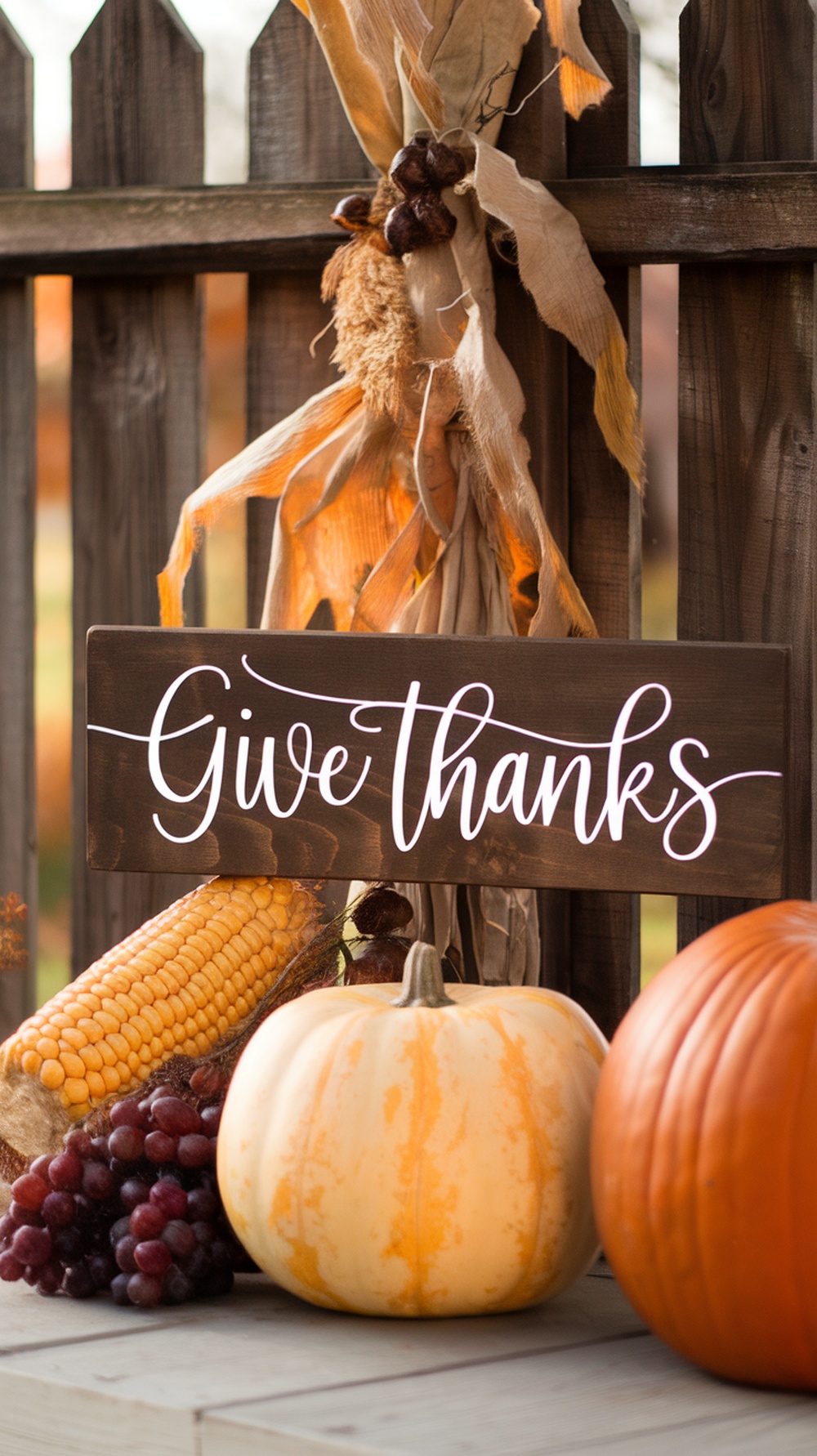 A rustic wooden sign that says 'Give Thanks' surrounded by pumpkins and corn on a porch.