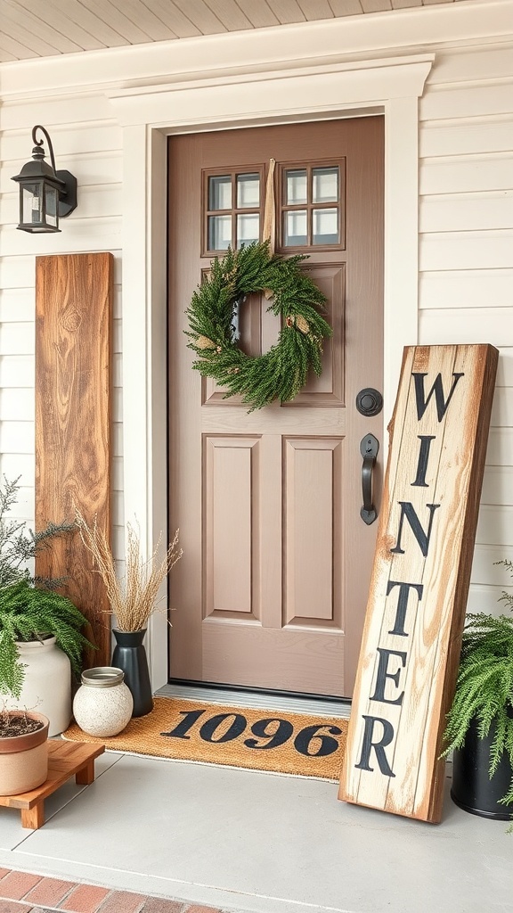 A winter front door decor featuring a wooden sign that says 'WINTER', a green wreath, and potted plants.