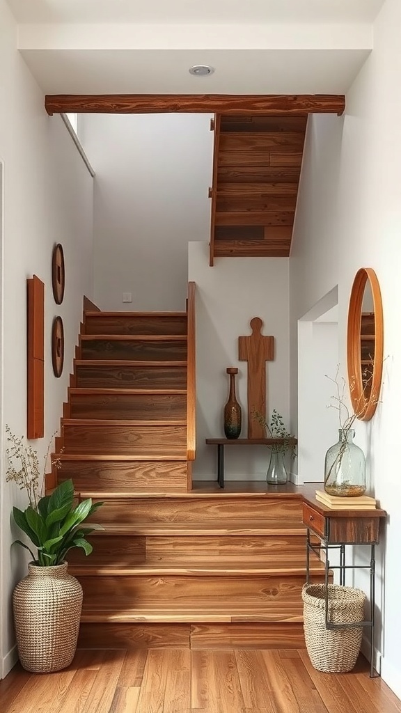 A rustic wooden staircase with a warm tone, featuring open risers and a wooden railing, surrounded by plants and decorative items.